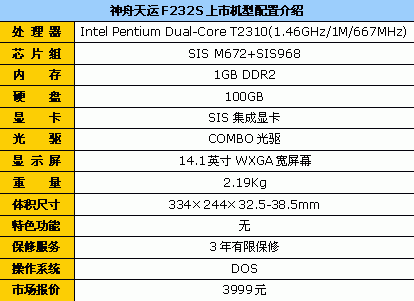 内置无线网卡 神舟天运F232S新品上市