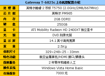 迅驰4平台250G硬盘Gateway独显本7000