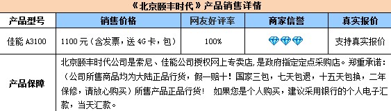 1100元送4G卡和包 佳能A3100带票促销 