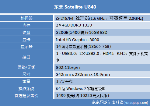 首款14吋超极本东芝U840上架!售10223 