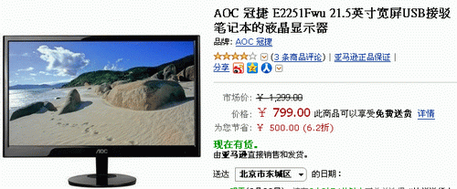 只备USB口 21.5吋AOC E2251FWU售799 