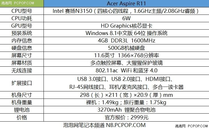 11英寸翻转触控 Acer R11变形本评测 
