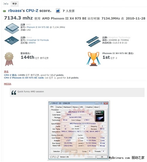 7.13G!Phenom II X4 975娘胎中创纪录 