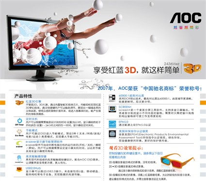 仅售1399元 AOC推出最便宜24吋3D液晶 