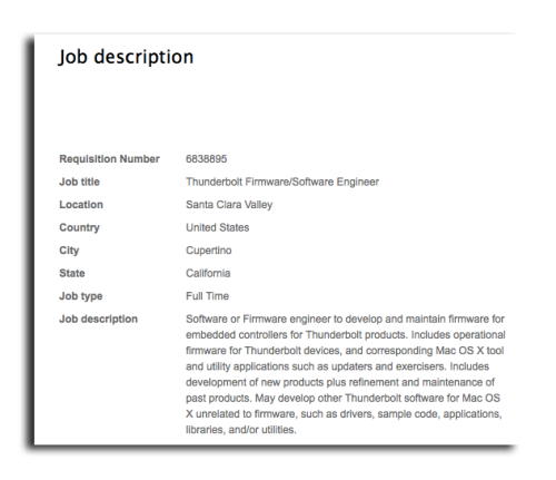 苹果招募Thunderbolt工程师研发相关软硬件 