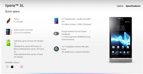 索尼Xperia SL详参曝光 四色即将上市 