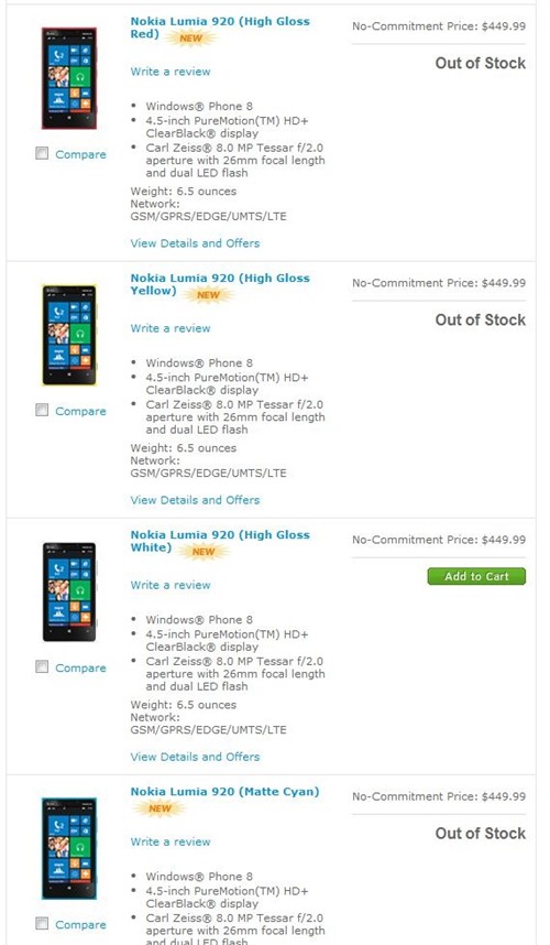 ATT的Lumia920销售一空 只剩黑白两色 
