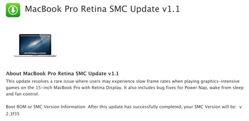 苹果发布15英寸Retina MBP固件1.1更新 