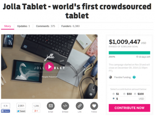 Jolla Tablet上线48小时众筹100万美元 