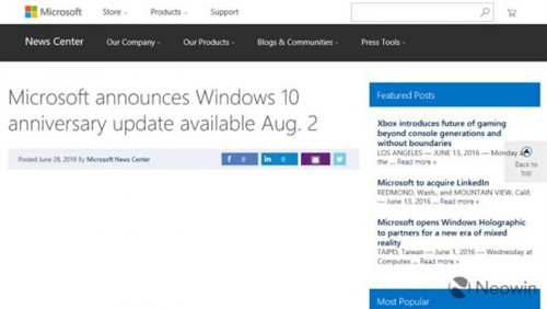 微软将于8月2日推出Windows 10周年更新 