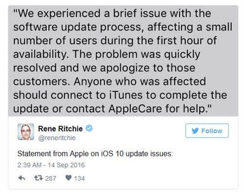 部分用户在iOS 10升级后iPhone和iPad变砖 