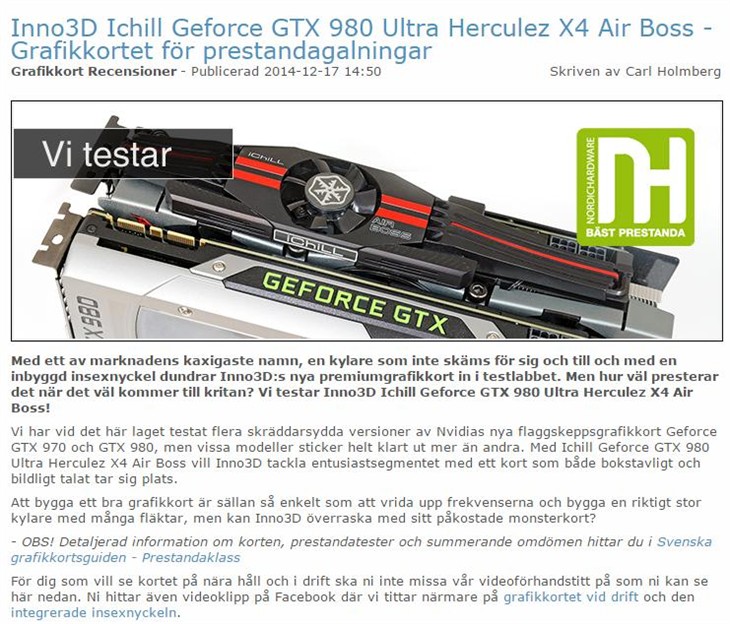 GTX980冰龙荣获北欧硬件非常好的性能奖！ 