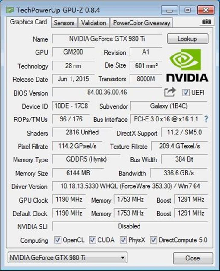 影驰gtx980 ti名人堂gpu-z截图,各种信息一目了然.