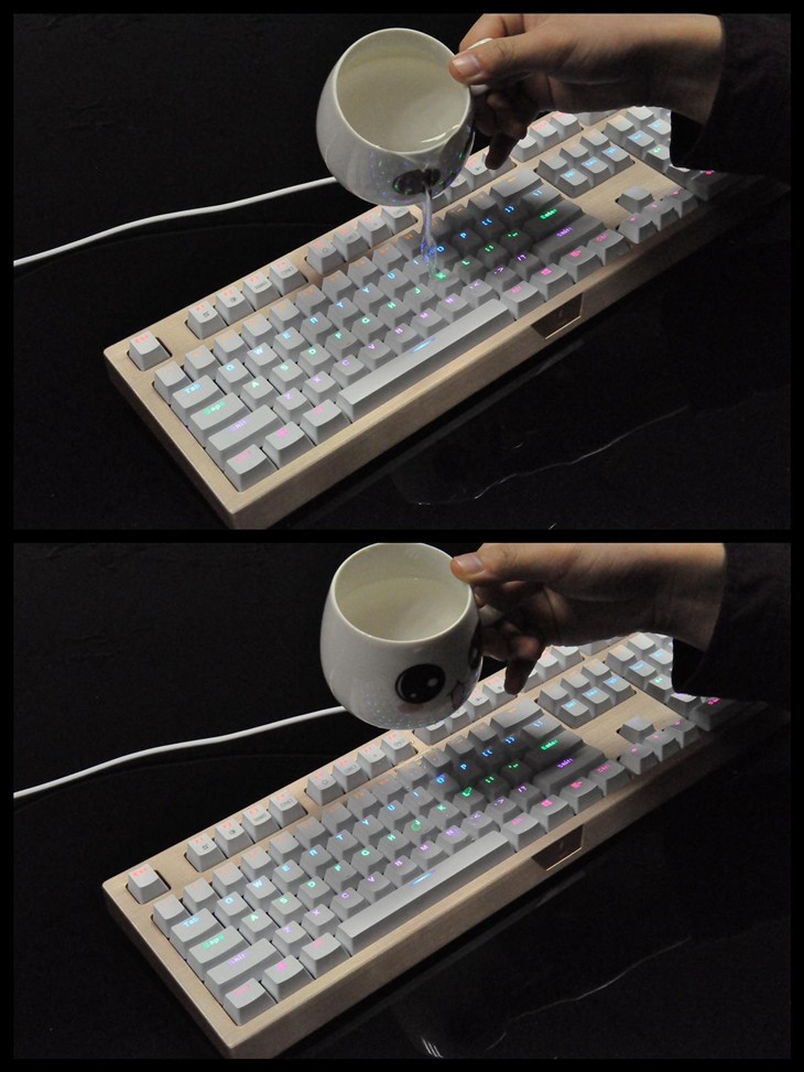 雷柏V510S防水混彩机械键盘防水测试 