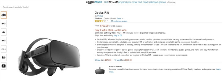 Oculus Rift现货上架亚马逊 售价796刀 