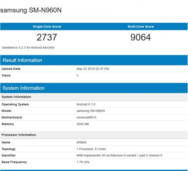 三星Galaxy Note 9现身GeekBench:搭载Exyno