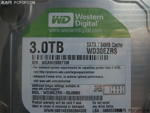 西部数据(WD)3T/动态转速/64MB/串口(WD30EZRS)硬盘 