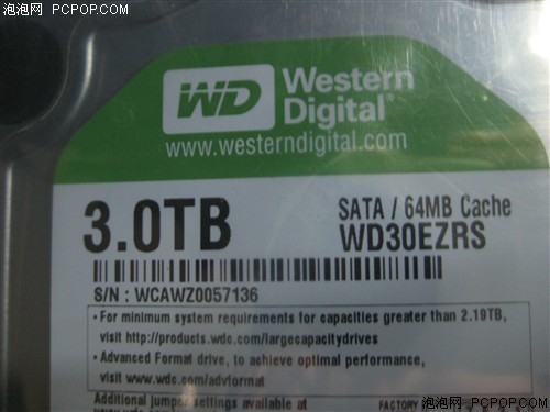 西部数据3T/动态转速/64MB/串口(WD30EZRS)硬盘 