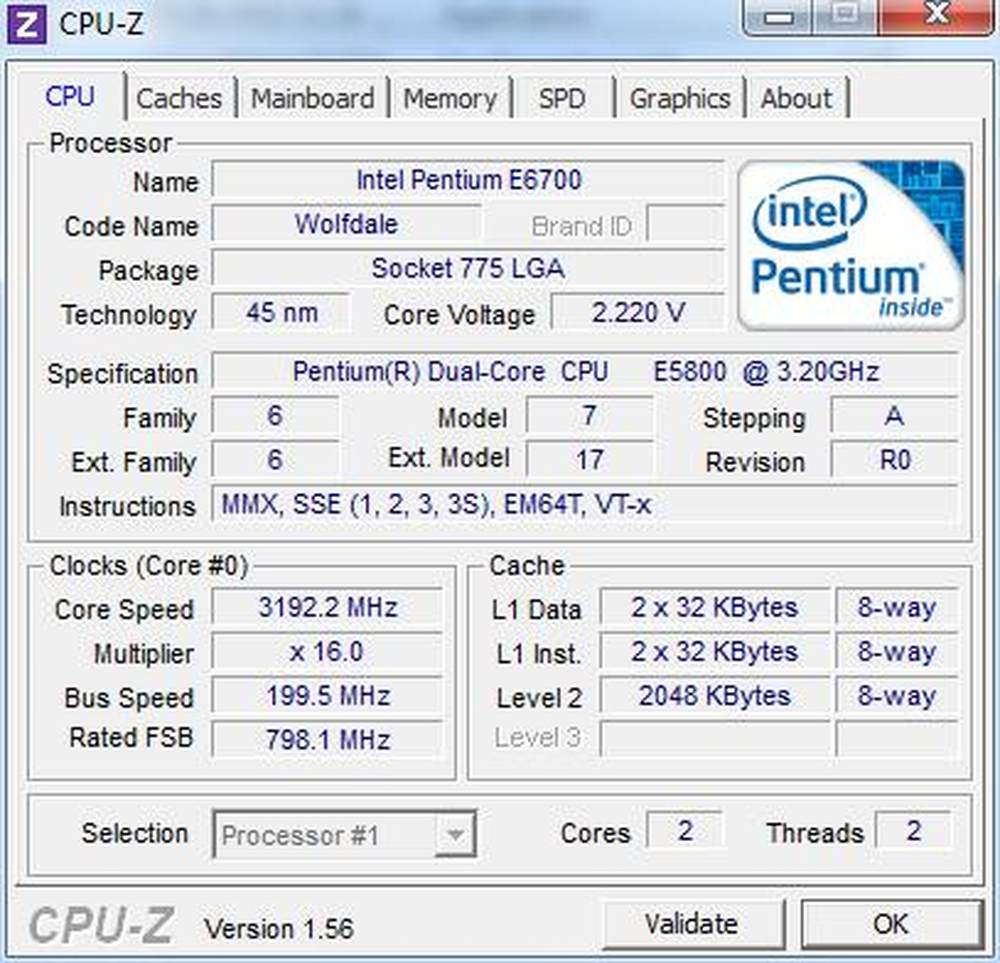 18/32从cpu-z中我们可以看到,该机搭载intel奔腾e5800处理器,45nm制程